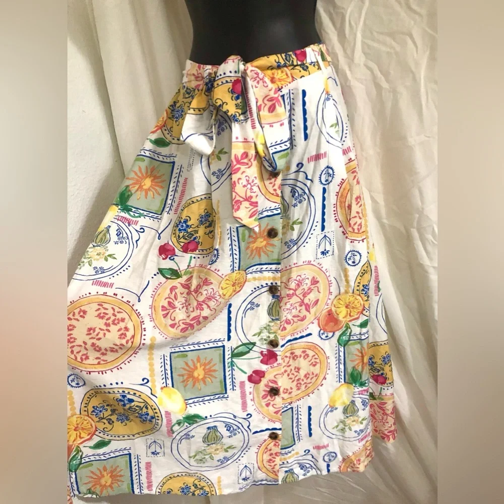 Fruit Celestial multi print boho‎ self tie waist buttoned  skirt size large new